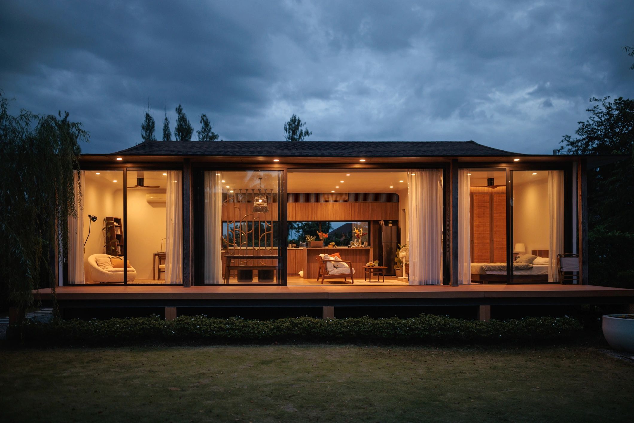 Modern luxury property exterior at dusk